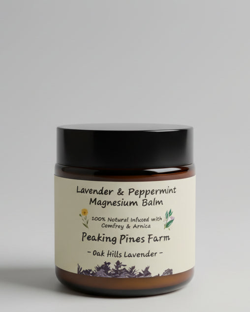 Jar of Lavender & Peppermint Magnesium Balm from Peaking Pines Farm on a wooden surface with a brown background